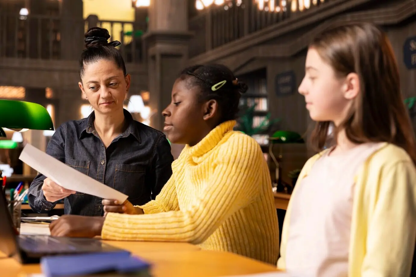Professor, der während des Privatunterrichts mit Gelehrten die Hausaufgaben korrigiert.